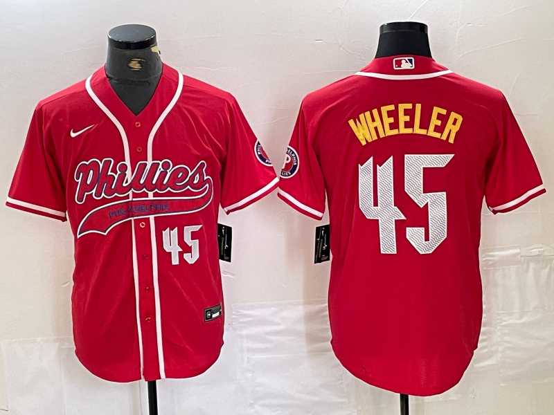 Men%27s Philadelphia Phillies #45 Zack Wheeler Number Red Cool Base Stitched Baseball Jersey